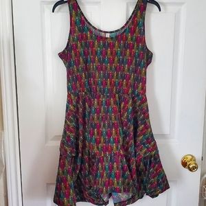 EUC Cotton Jewel Tone Feather Motif Steampunk Gathered Mini Tank Dress Sz M